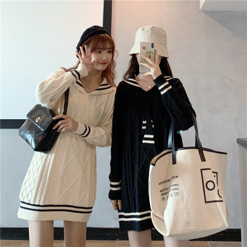 2020 New girlfriends Sister Dress Senteal Sweater Women's Sweater Dress Fall in the fall Long version of the outside wearing a knitted sweatshirt