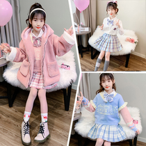 Spring Clothing Children Jk Uniform Dress Genuine girls Woolen Sweater Girls Lambs Wool Thick Coat Banswear Suit Complete Set