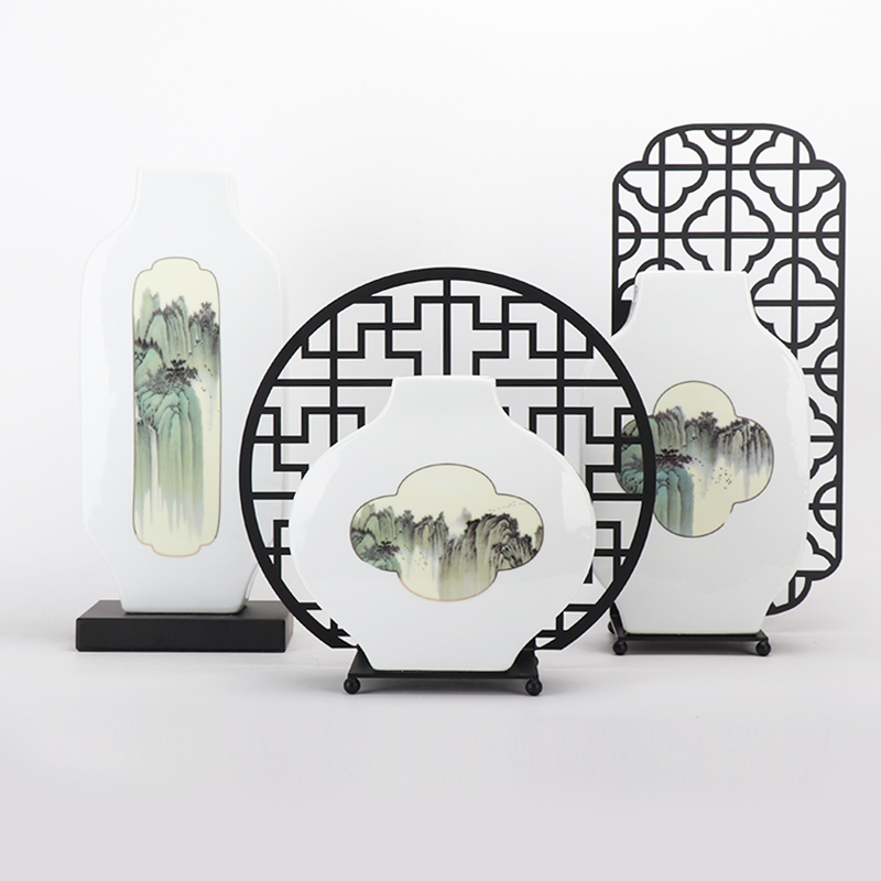 Modern new Chinese Zen ceramic decoration creative metal living room porch soft decoration flower model room decoration