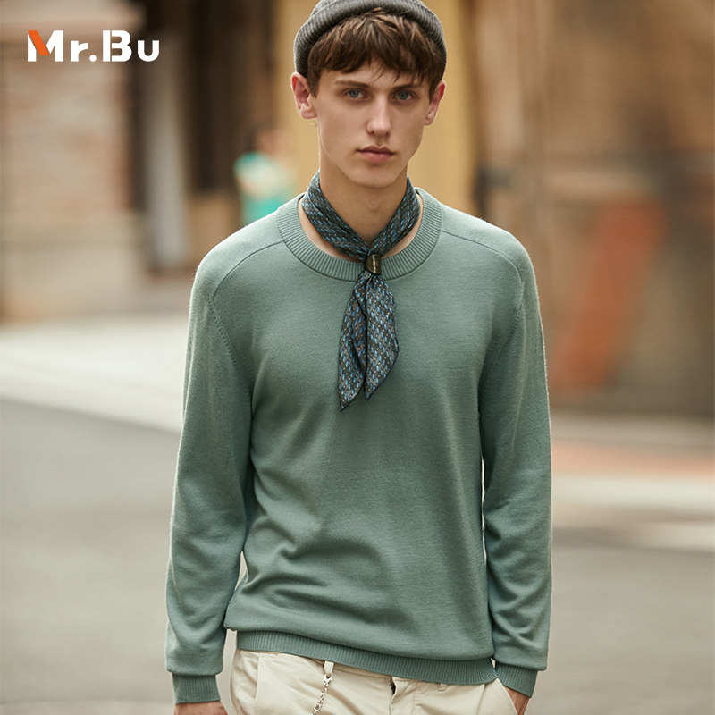 Mr Bu casual long-sleeved sweater men's winter simple basic solid color knitted sweater KT01003