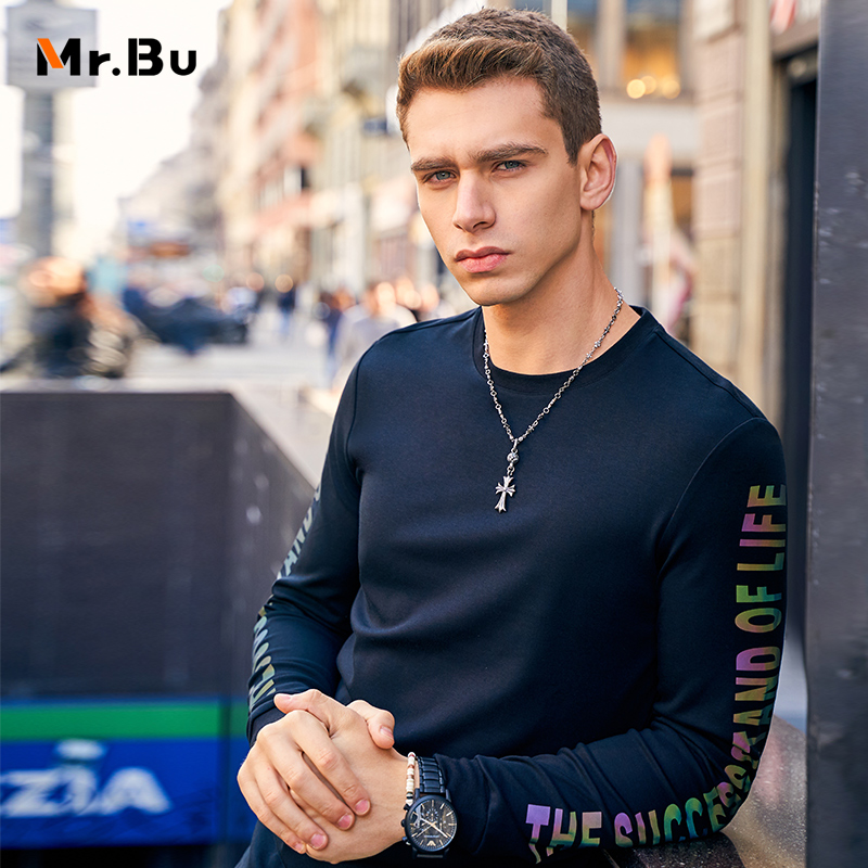 Mrbu fashion men long sleeve T-shirt round collar fashion printed autumn winter long sleeve thick cotton T man set section