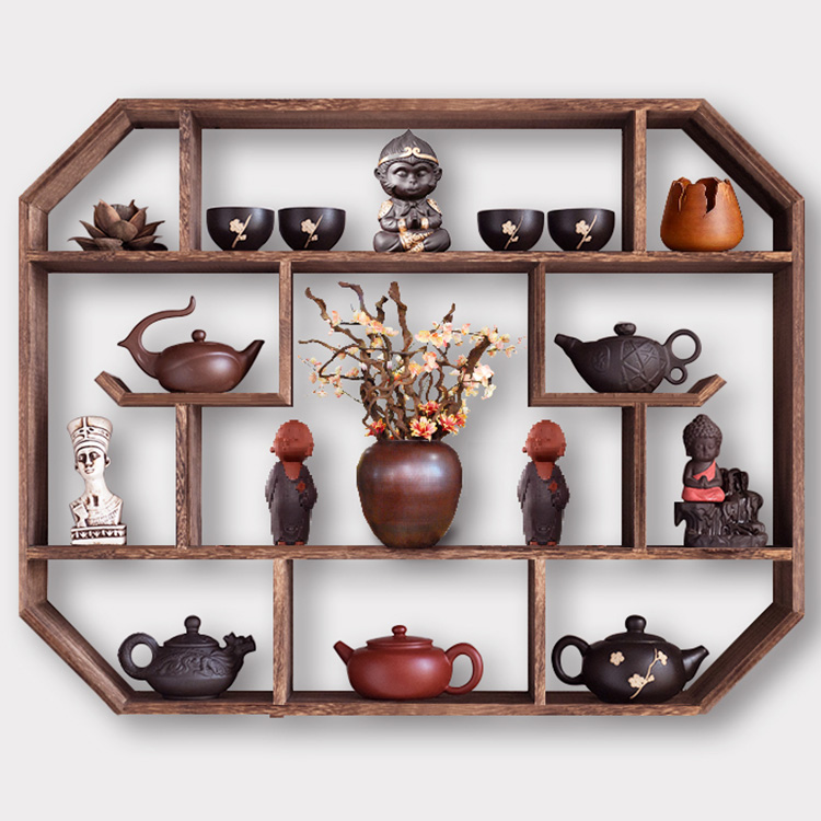 Solid wood Chinese wall mounted wall wall living room with solid wood teapot rack hanging wall