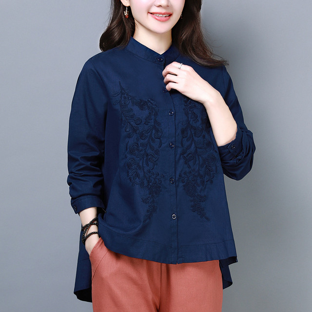 Cotton and linen shirt women's long-sleeved 2022 new spring and autumn large size loose middle-aged and elderly mother foreign style ramie embroidery top