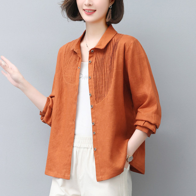 Cotton and linen long-sleeved shirt women's 2022 spring and autumn new fashion loose thin section middle-aged and elderly mother's casual thin top