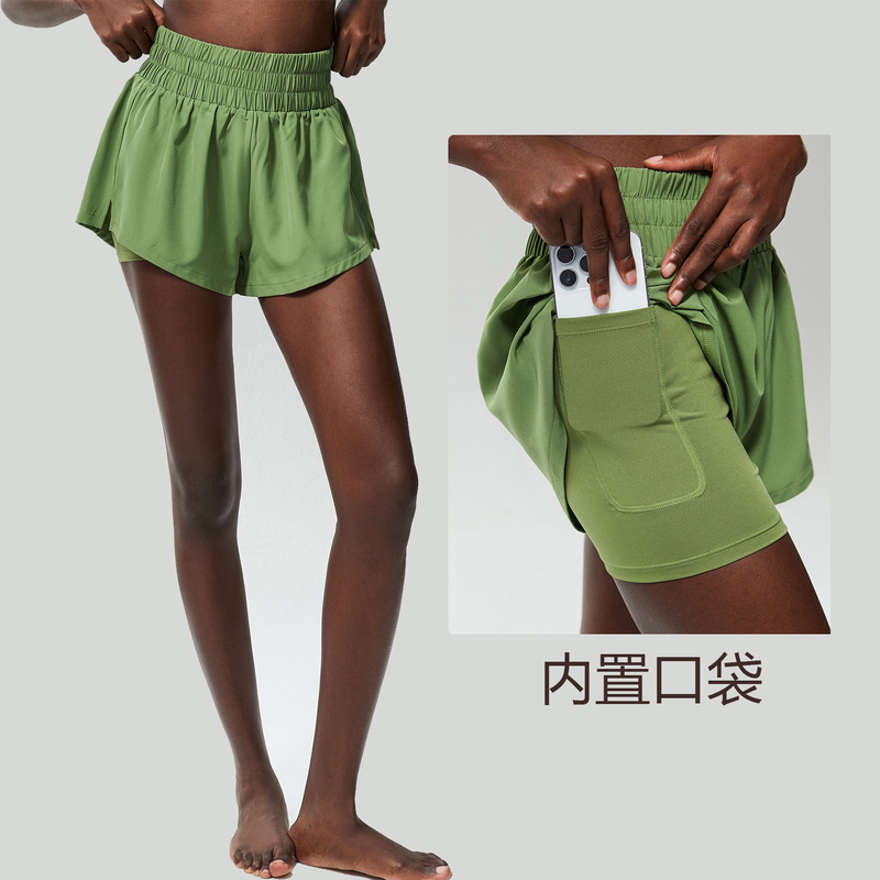 Quick-Drying Dolphin Line Long-Leg Sports Shorts for Women, High-Waisted, Tummy Control, Faux Two-Piece, Loose Shorts, Anti-Exposure Gym Shorts