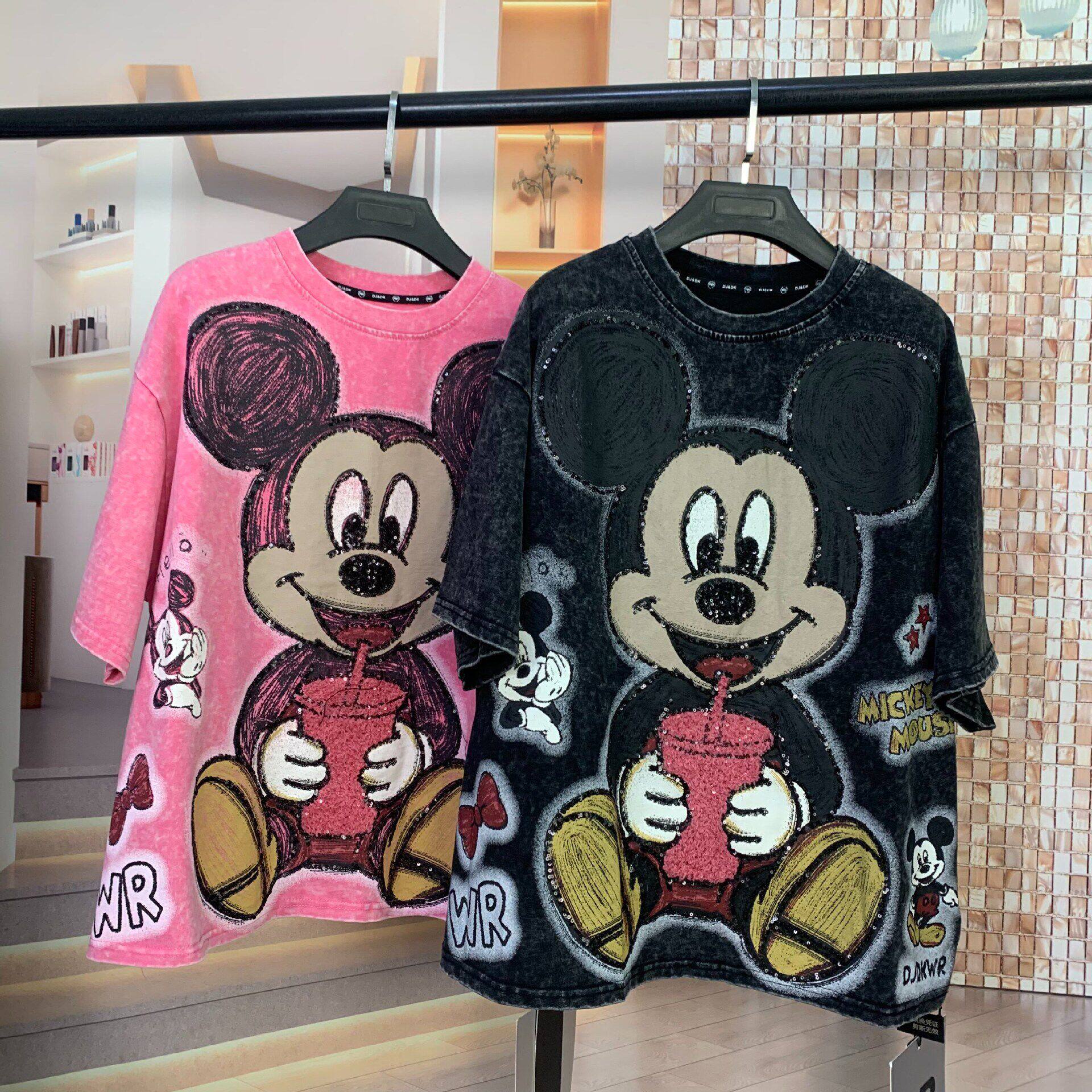 プラスサイズ 300kg トレンディブランド ヘビーデューティー スパンコール ミッキーマウス カートゥーン 半袖Tシャツ（女性用） - スタイリッシュでゆったりとした、スリムに見せ、お腹を隠すトップス