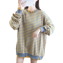 Fat mm plus size fake two-piece sweatshirt for women plus velvet and thickened winter clothing Korean style loose cotton striped top 200 pounds