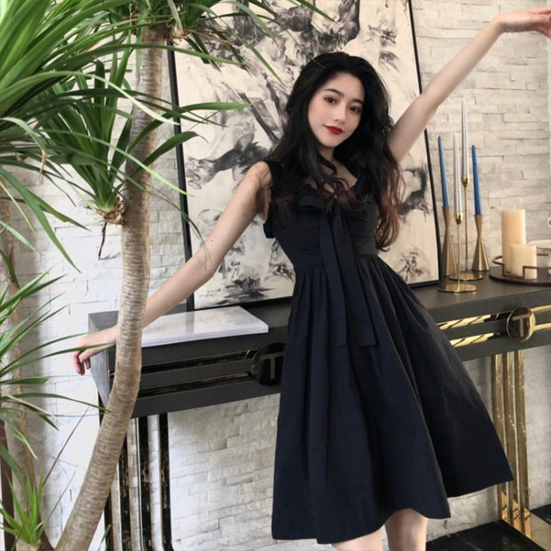 Black sling dress French platycodon retro Hepburn style bow first love careful machine super fairy sleeveless skirt
