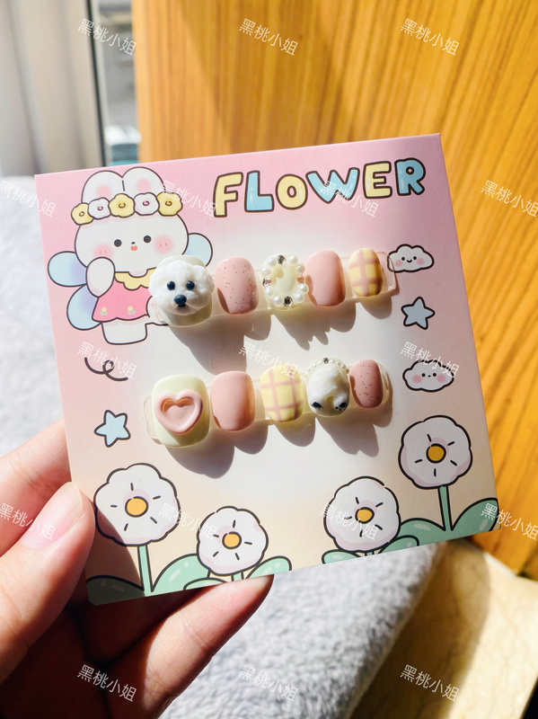 Puppy Bichon Handmade Wearable Nails, Cute Cartoon Three-Dimensional Carved Hand-Painted Detachable Finger Nail Patches