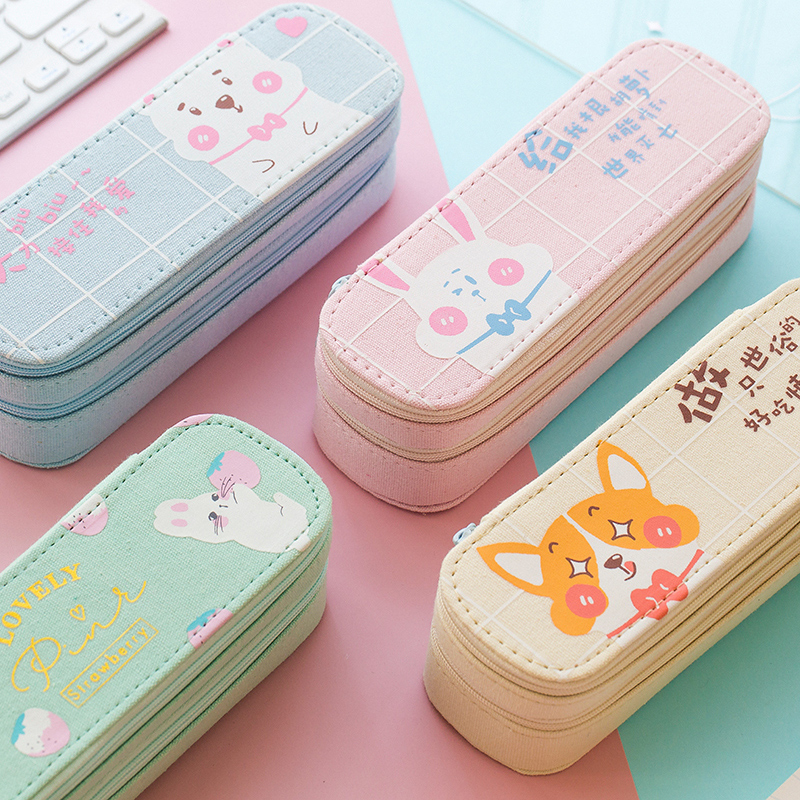 Multifunctional pencil case large capacity canvas Korean version of simple primary school stationery bag girl heart ins tide double junior high school creative male Korean Senior high school cute Japanese salt small fresh pencil case