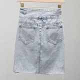 Летняя синяя джинсовая юбка, высокая талия, в корейском стиле, А-силуэт, свободный крой, с акцентом на бедрах