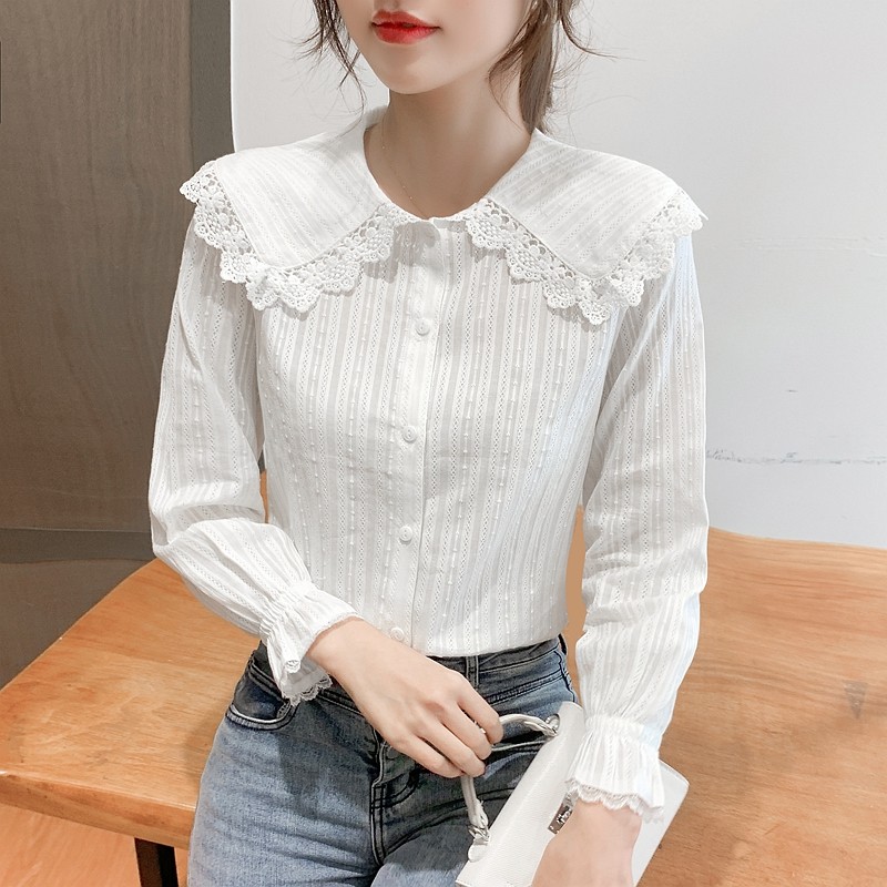 Lace Lace Dolls Collar Shirt Woman 2022 Spring new foreign fashion Fashion Easy 100 hitch long sleeve snow-spinning blouses