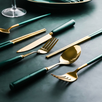 Nordic stainless steel Western tableware set Net red fork spoon chopsticks Emerald ceramic long handle knife fork spoon
