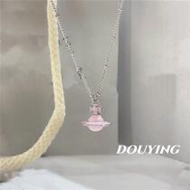 Sweet pink dripping glaze three-dimensional Saturn pendant necklace for women simple niche light luxury design titanium steel clavicle chain