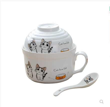 Children couples home meal bowl of Japanese noodles more glass ceramic creative lunch box bowl with the handle