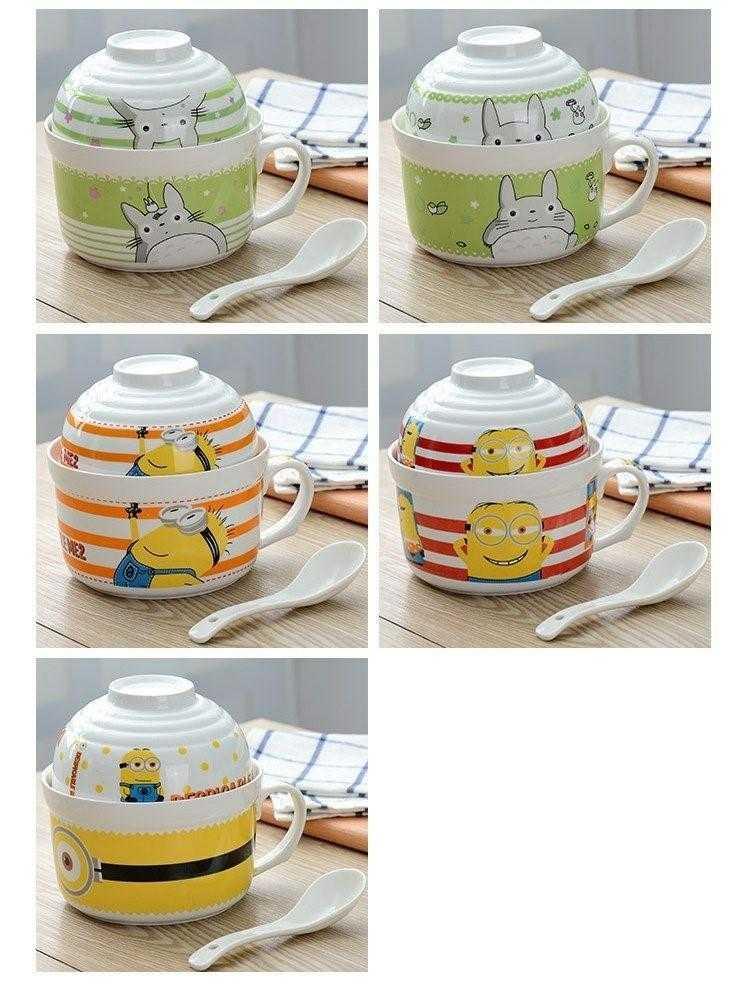 Children couples home meal bowl of Japanese noodles more glass ceramic creative lunch box bowl with the handle