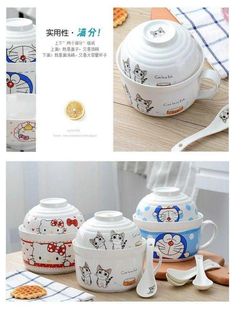 Children couples home meal bowl of Japanese noodles more glass ceramic creative lunch box bowl with the handle