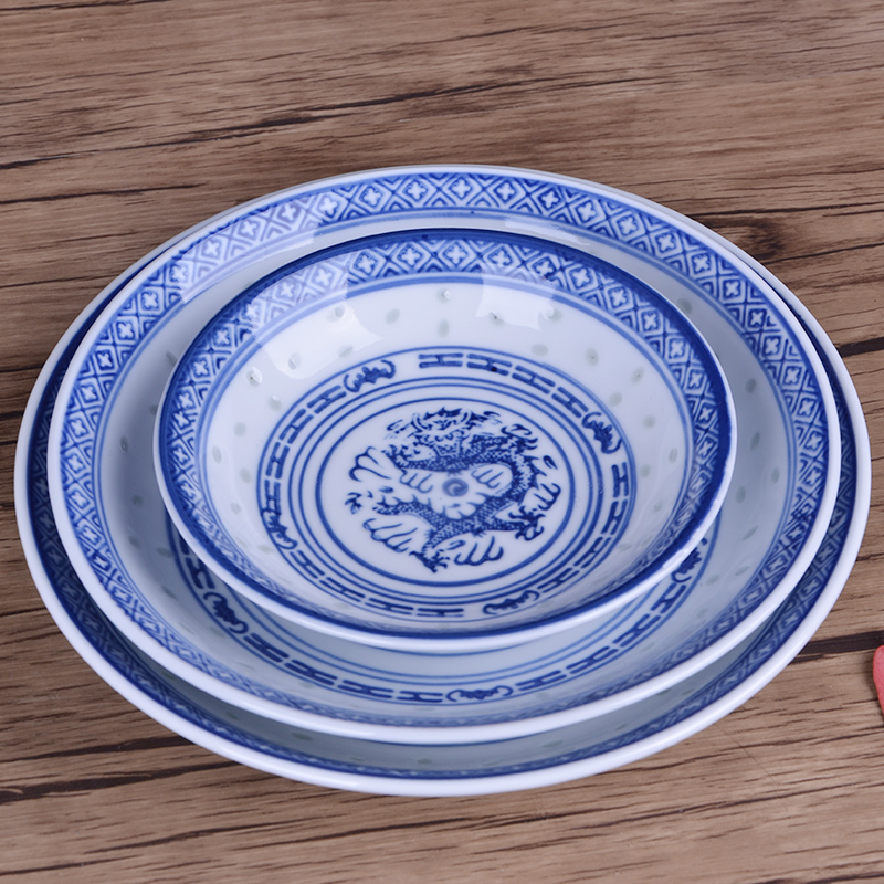 Jingdezhen ceramic traditional nostalgic see colour porcelain dish plate under glaze blue and white household soup thick Chinese style restoring ancient ways plate panlong lines