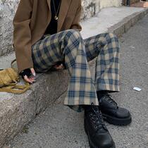 2021 Autumn New Korean version of retro high waist slim straight casual pants Women wide legs Plaid Bell pants tide