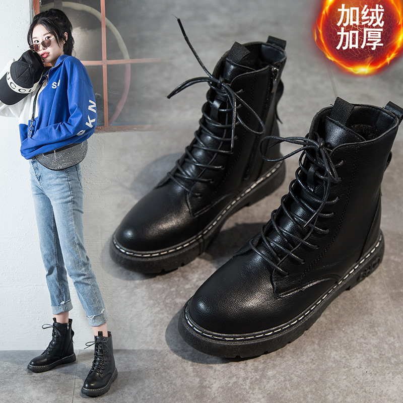 加绒马丁靴女2019新款学生百搭厚底英伦风机车靴ins网红黑色短靴