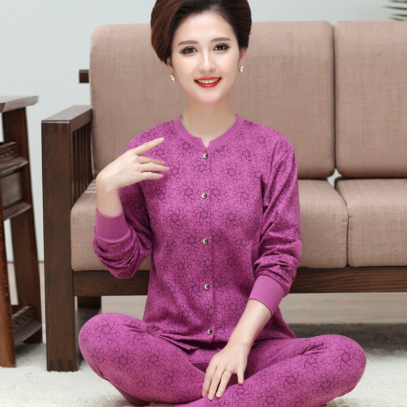  Mom front opening buttoned autumn clothes sanitary pants woman cardiovert suit middle-aged and elderly grandma to the cardiovert cotton wool