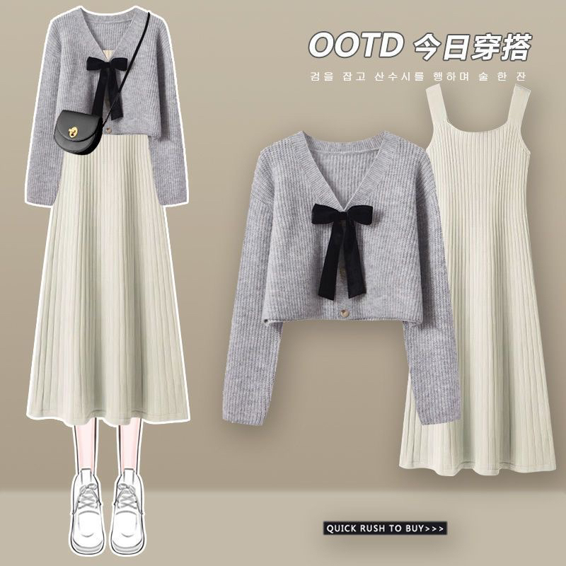 Maternity Wear Autumn 2024 New Set Bow-Knot Knitted Sweater with Suspender Dress Two-Piece Set Autumn and Winter