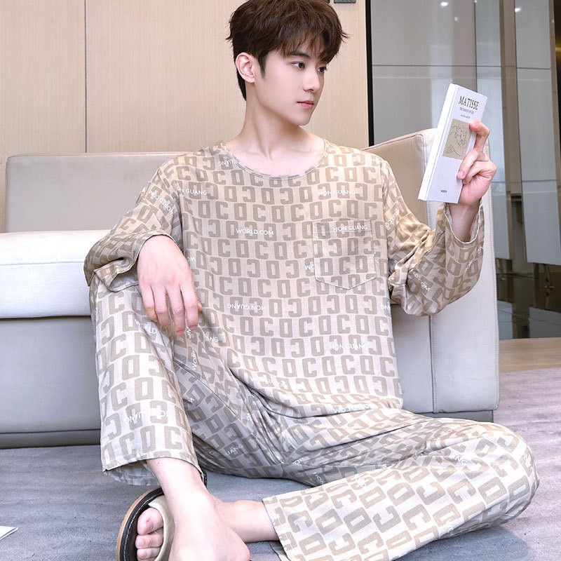 Cotton Silk Pajamas for Men, Spring and Autumn Long-Sleeved Suit, Large Size, Loose, Thin Summer Style, Cotton Silk Can Be Worn Outside, Home Wear, Artificial Cotton