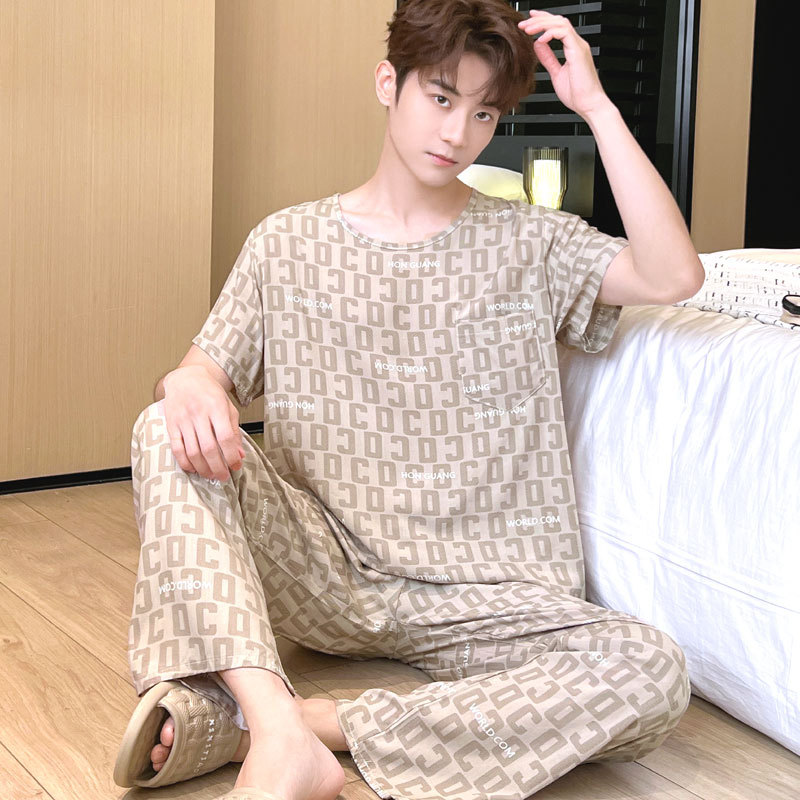 Cotton Silk Pajamas for Men, Short-Sleeved Long Pants, Summer Thin Set, Large Size, Loose Fit, Summer Cotton Silk High-End Loungewear, Light Luxury Cotton Silk Pajamas for Men, Short-Sleeved Long Pants, Summer Thin Set, Large Size, Loose Fit, Summer Cotton Silk High-End Loungewear, Light Luxury