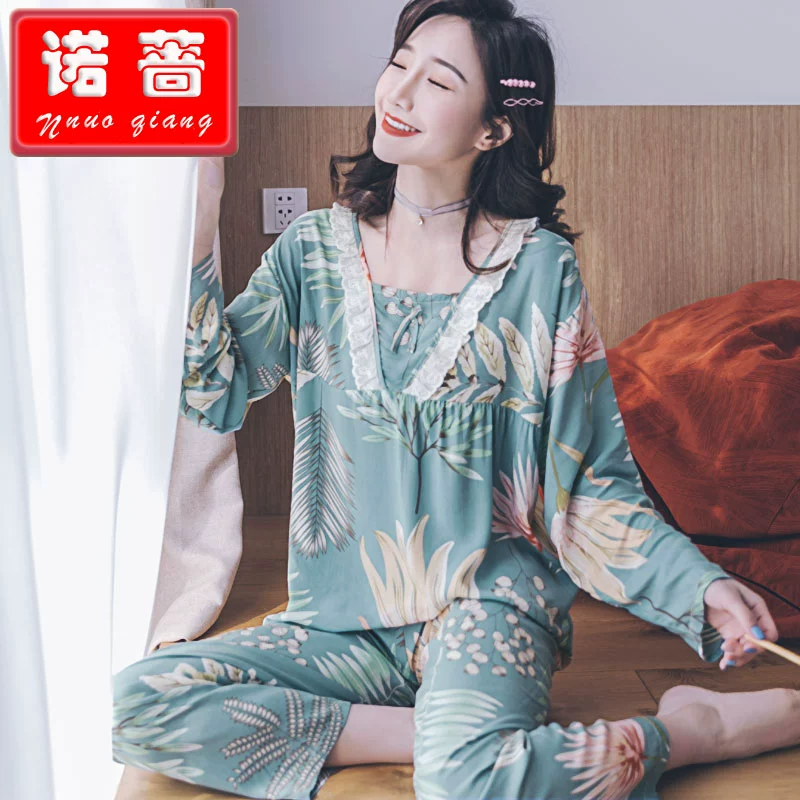 Nuo Qiang mùa xuân và mùa thu bộ đồ ngủ lụa cotton dài tay phụ nữ mùa hè cotton lụa mỏng phù hợp với dễ thương kích thước lớn cotton nhân tạo dịch vụ tại nhà - Nam giới