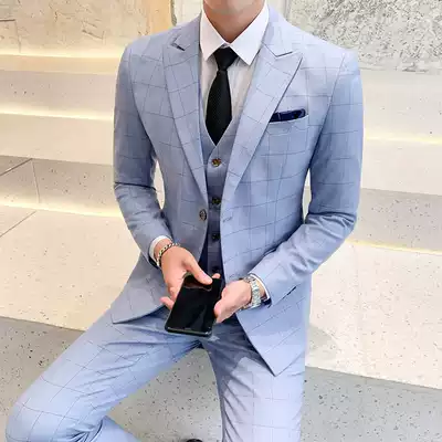 Official website flagship store new suit set fashion best man men's three-piece business casual plaid suit slim suit