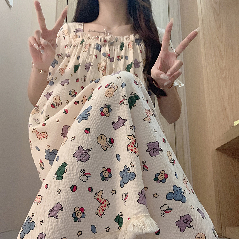 Sleeping Skirt Woman Summer Pure Cotton Short Sleeve Loose Pajamas 2023 New Summer Lady Cartoon Thin spring and autumn home clothes-Taobao