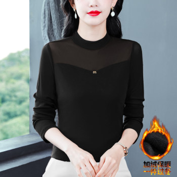 Half turtleneck long-sleeved t-shirt for women, autumn and winter new style plus velvet and thickened mesh bottoming top, slimming and versatile shirt
