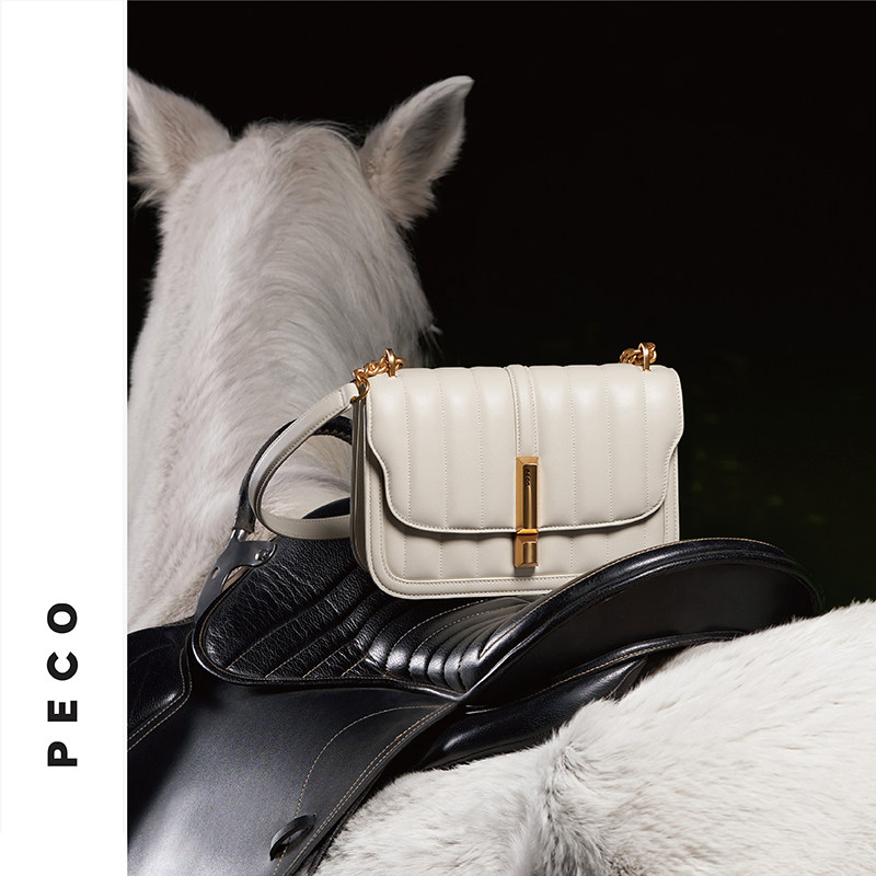 PECO independently designed 819 KB series leather chain quilted large square bag flap diagonally across one shoulder light luxury women