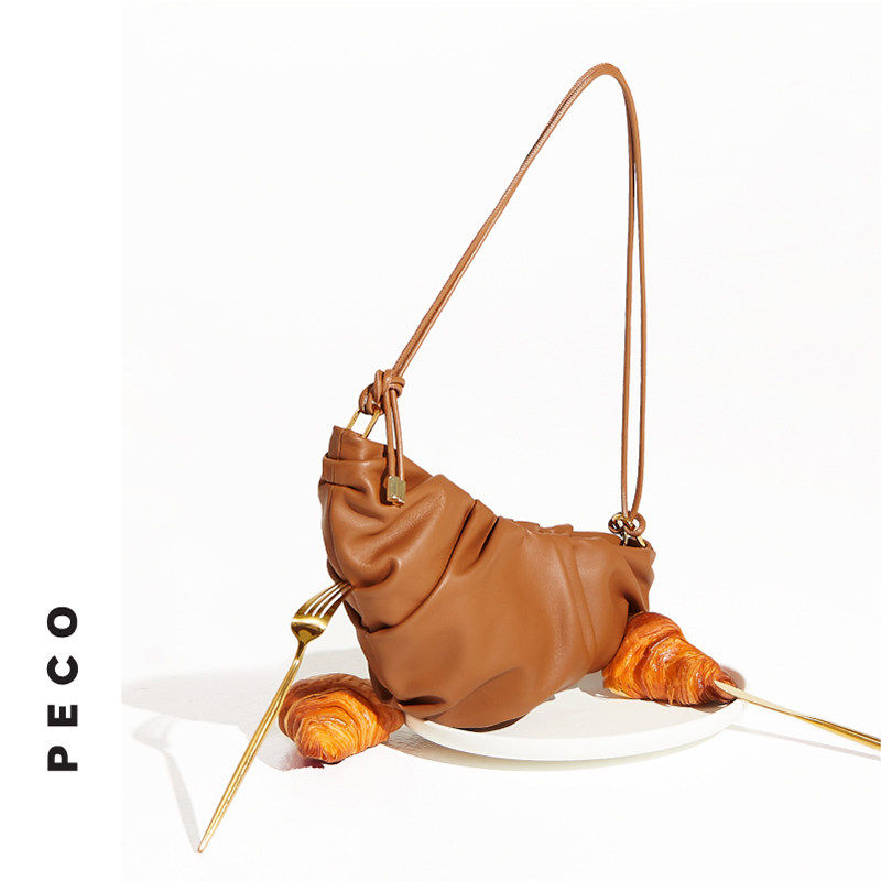 PECO independently designed 802 large horn bag pleated bag woman single shoulder real cow leather large capacity soft and small crowned satchel