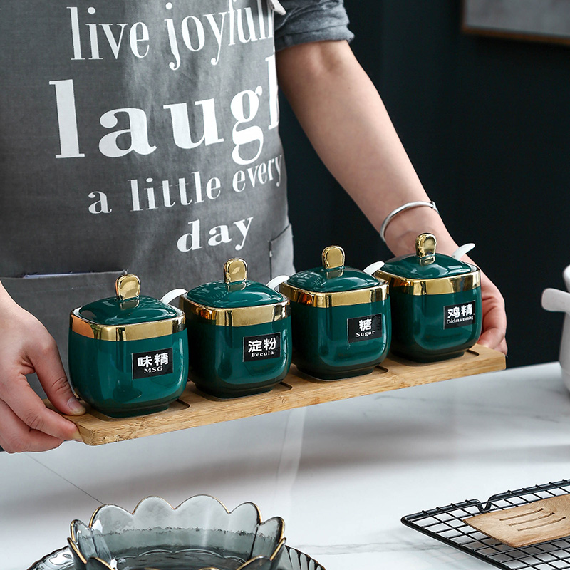 Nordic Ceramic Seasoning Jar Sauce Box Kitchen seasoning jar Home Seasoning Box Salt Sugar Jars With Lid Shelve