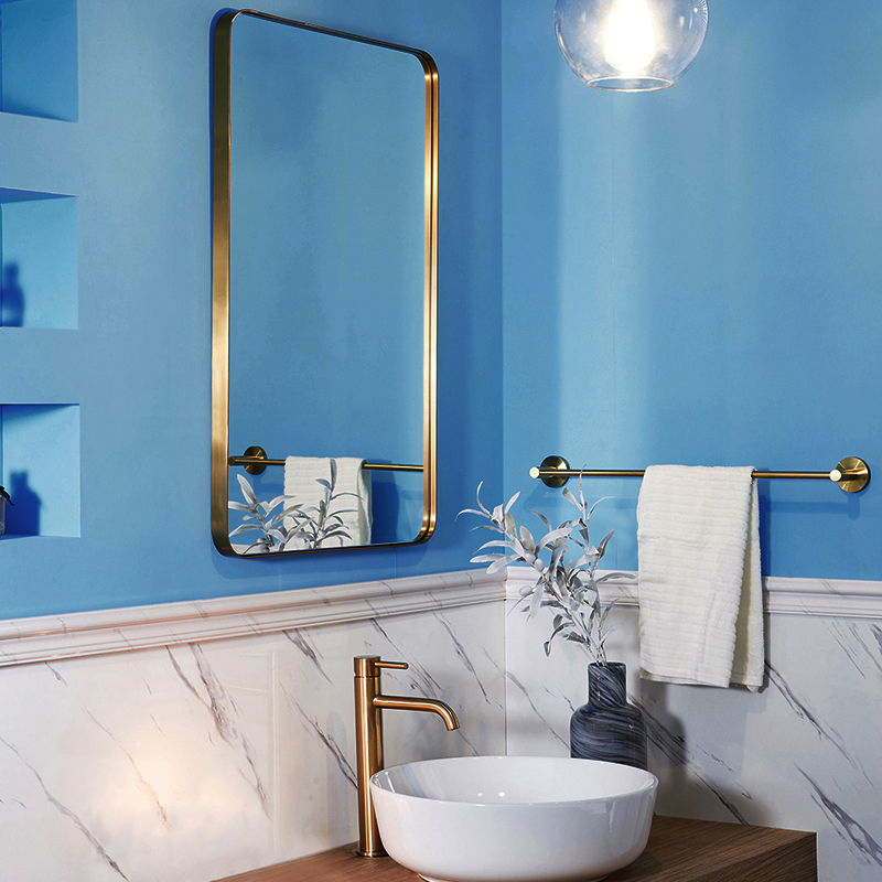 Nordic cosmetic room mirror hanging wall brushed brass color decorative mirror square stainless steel bathroom mirror rounded corners narrow edge