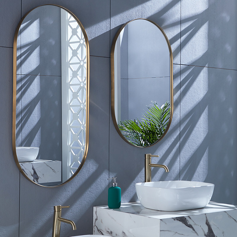Stainless Steel Oval Mirror Bedroom Full Body Mirror Nordic Bathroom Mirror Wall-mounted Plated Brass Color Narrow Side Bathroom Mirror