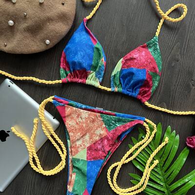 Print of flowers Bikini2025 European and American printed bikini Sexy Braided triangle Women's Swimsuit