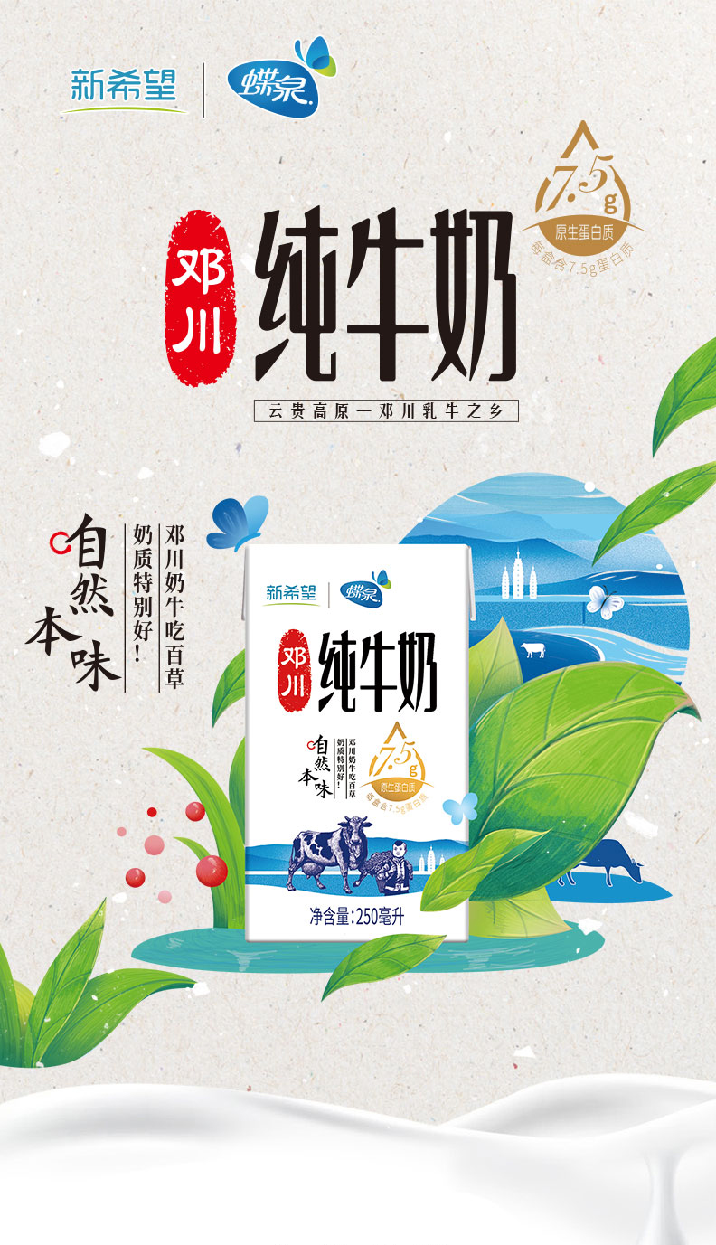 新希望 蝶泉 全脂纯牛奶 250g*16盒 图1