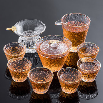 Hammered Glass Tea Set Combination Set for Home Use, Kung Fu Tea Cups, Office Light Luxury High-End Gaiwan Teapot Tea Brewing Set