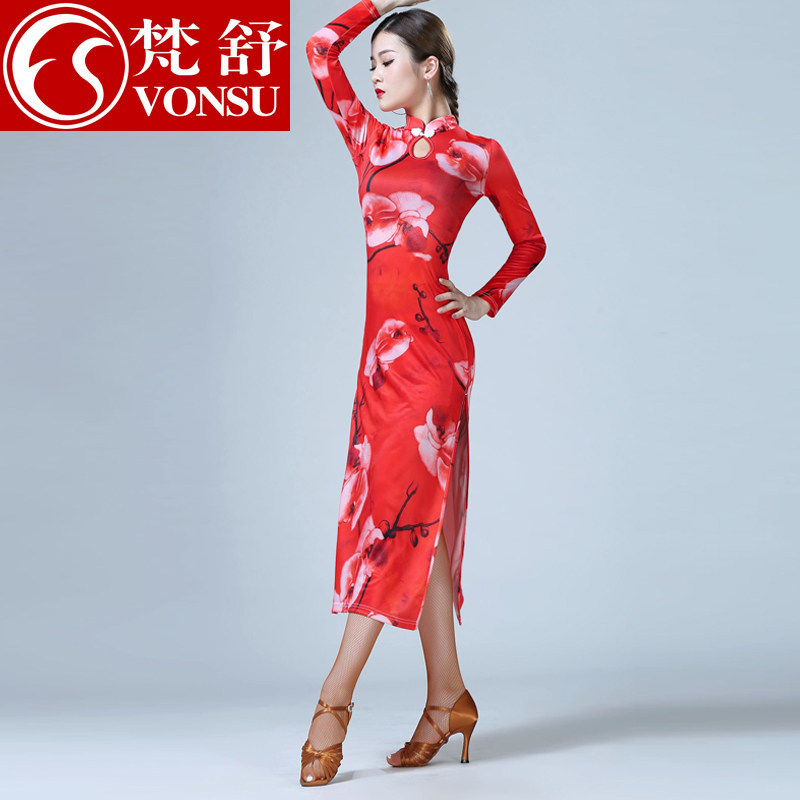 Van Shulladin dance qipao 2022 Summer new female high opening fork long sleeve performance Practice Sportswear Costume dance suit