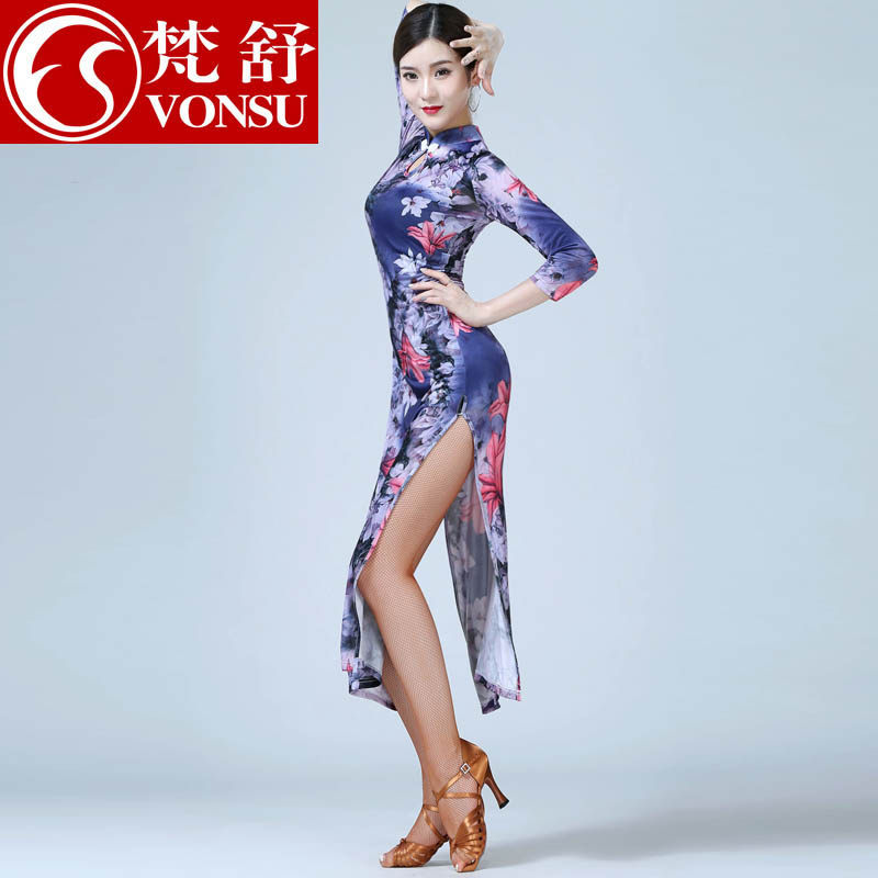 Fanshu Latin Dance Costume 2021 New Summer Dance Dress Modified Cheongsam Competition Dress High Open Fork Skirt