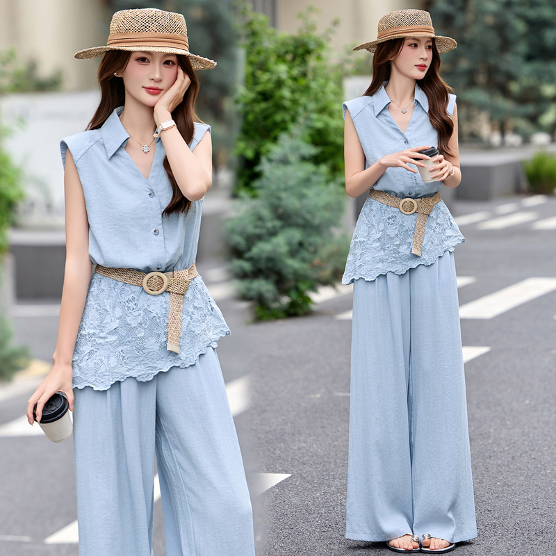 Sleeveless Linen Shirt Suit for Women, Summer 2026 New Style, High-End Casual Fashion, Elegant Wide-Leg Pants Two-Piece Set
