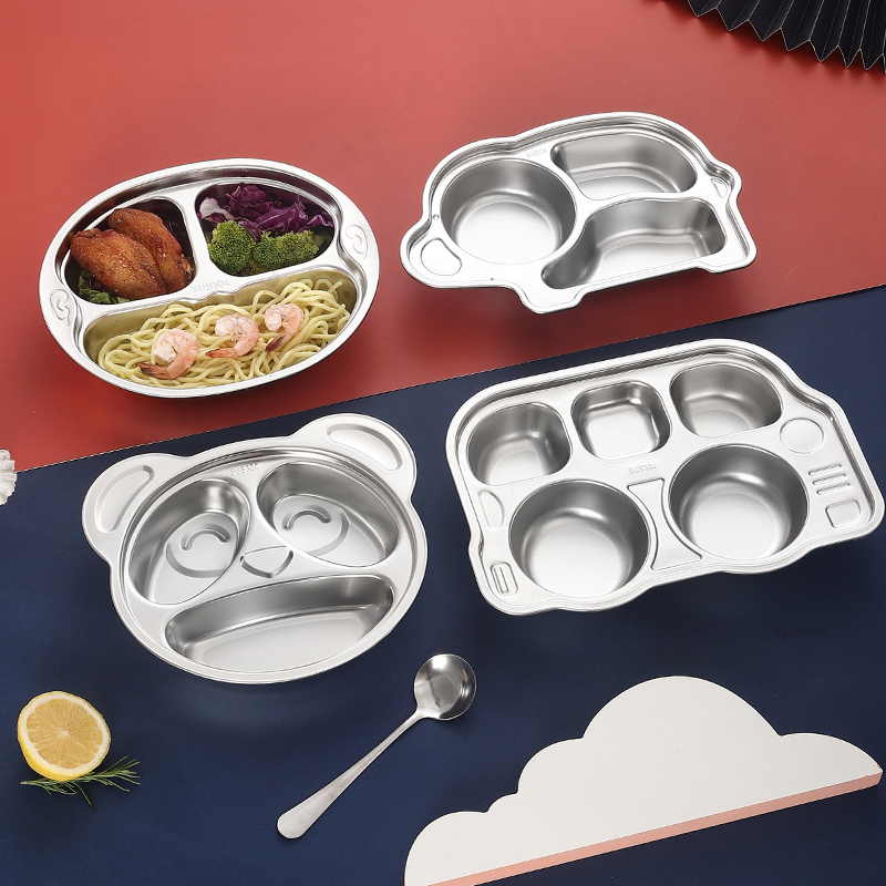 304 Stainless Steel Kindergarten Dinner Plate Cartoon Divided Baby Children's Household Tableware Anti-Fall Creative Plate Set