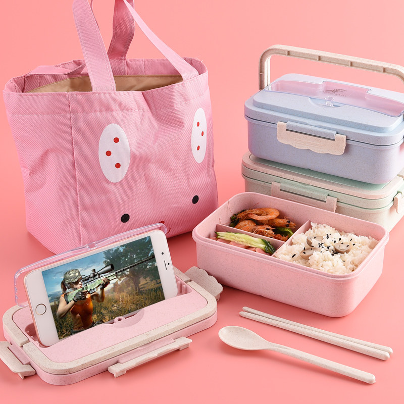 Wheat straw lunch box student office worker can microwave heating portable separated lunch box tableware box set