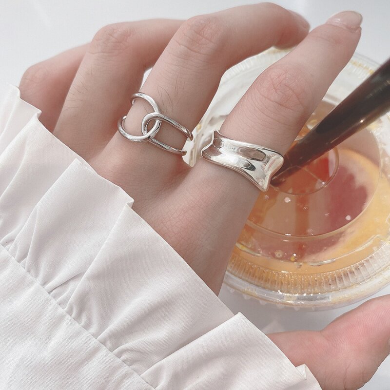 srrmhyn925 silver plated with shape ring female retro fashion individuality Ins wave minimalist around timbre net red adjustable-Taobao