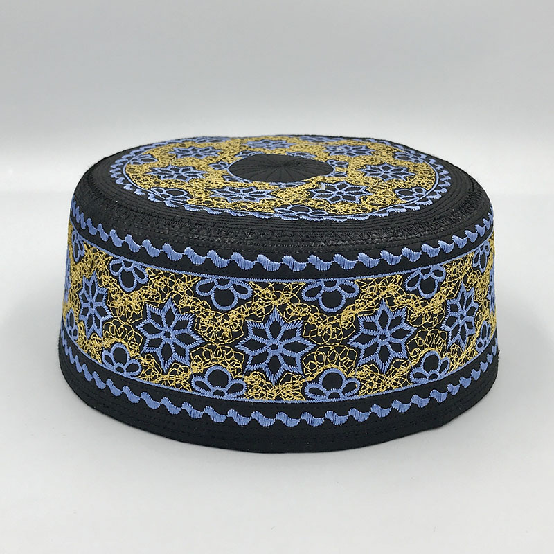 Worship hat men's new Muslim hat flat top round edge back performance hat blue flower Saudi Hui embroidered hat