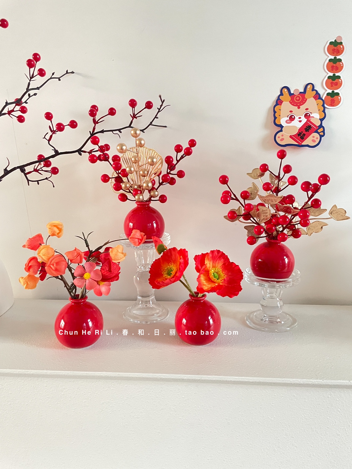 Red Dry Flower Desktop Small Pendulum Piece New Chinese Mini Small Round Bottle Hair Chaebol Opening Arrangement Emulation Flower Furnishing-Taobao