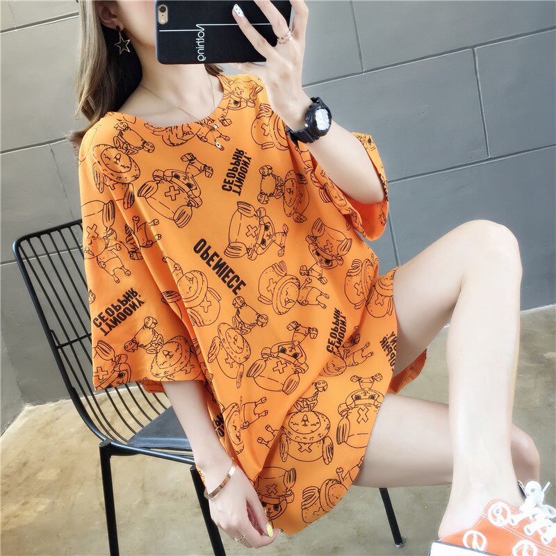 Tide card 2022 Summer new white medium Long version T-shirt Female short sleeve Korean version printed loose Thin Fashion Half Sleeve