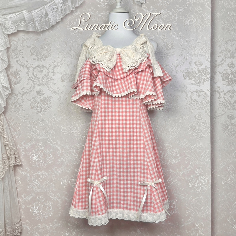 Momona Japanese Lunatic Moon Off-Shoulder Plaid Cute Bow Lace Waist-Cinching Dress Slimming